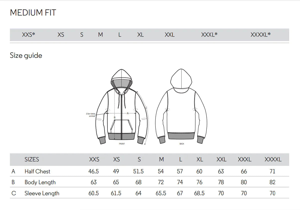 Size Chart for Stanley/Stella Zip Hoodie.